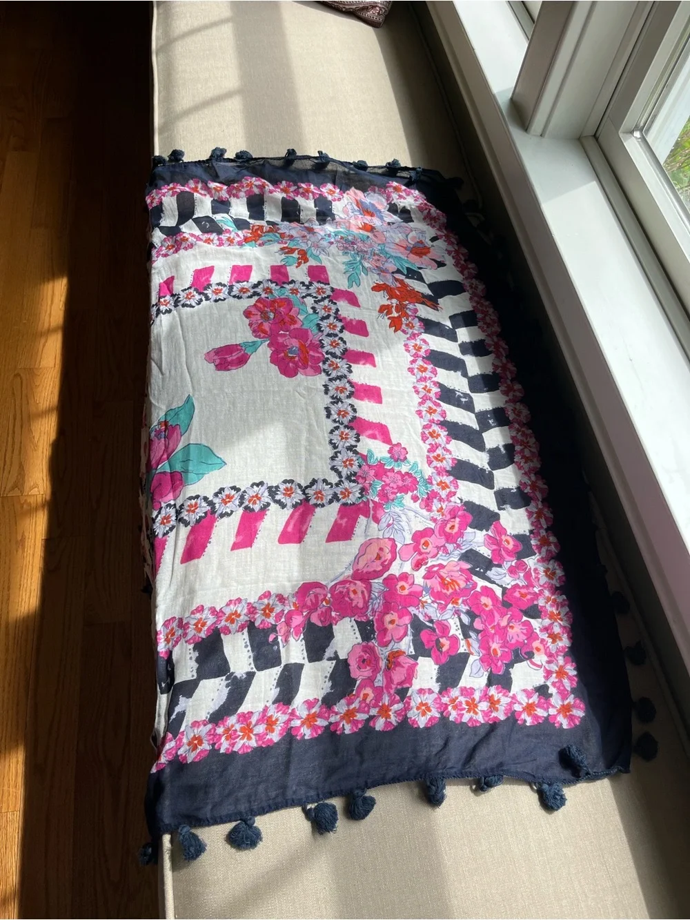 White Pink Navy Scarf with Navy Tassle Trim